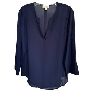 Collective Concepts Women's Roll-Tab Sleeve V-Neck Blouse Top Sheer Size S Navy